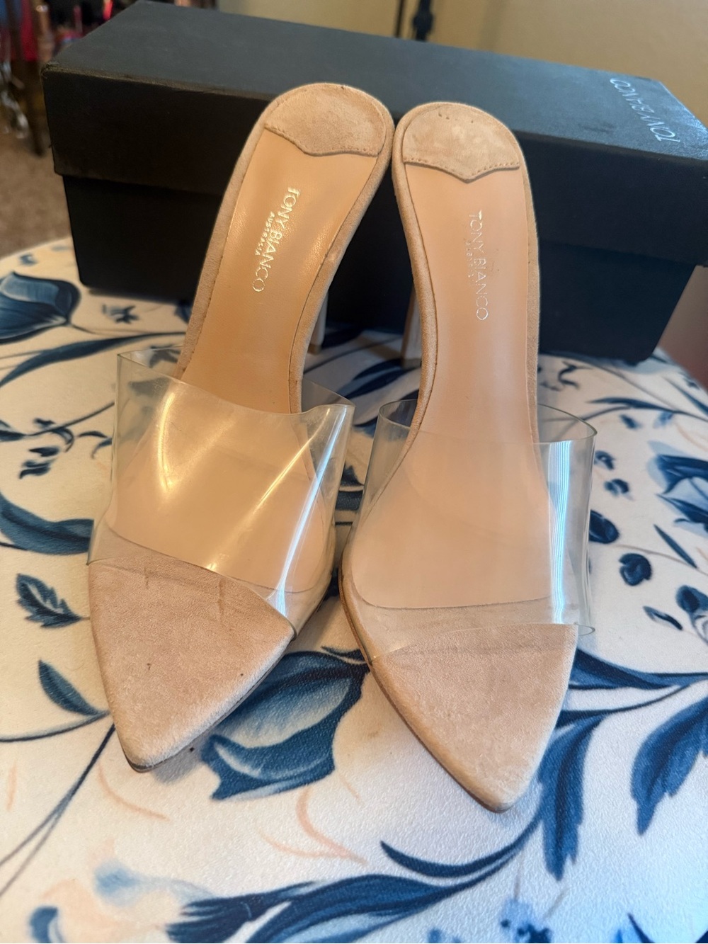 Tony Bianco Blush Suede Pointed Mules with Clear Strap